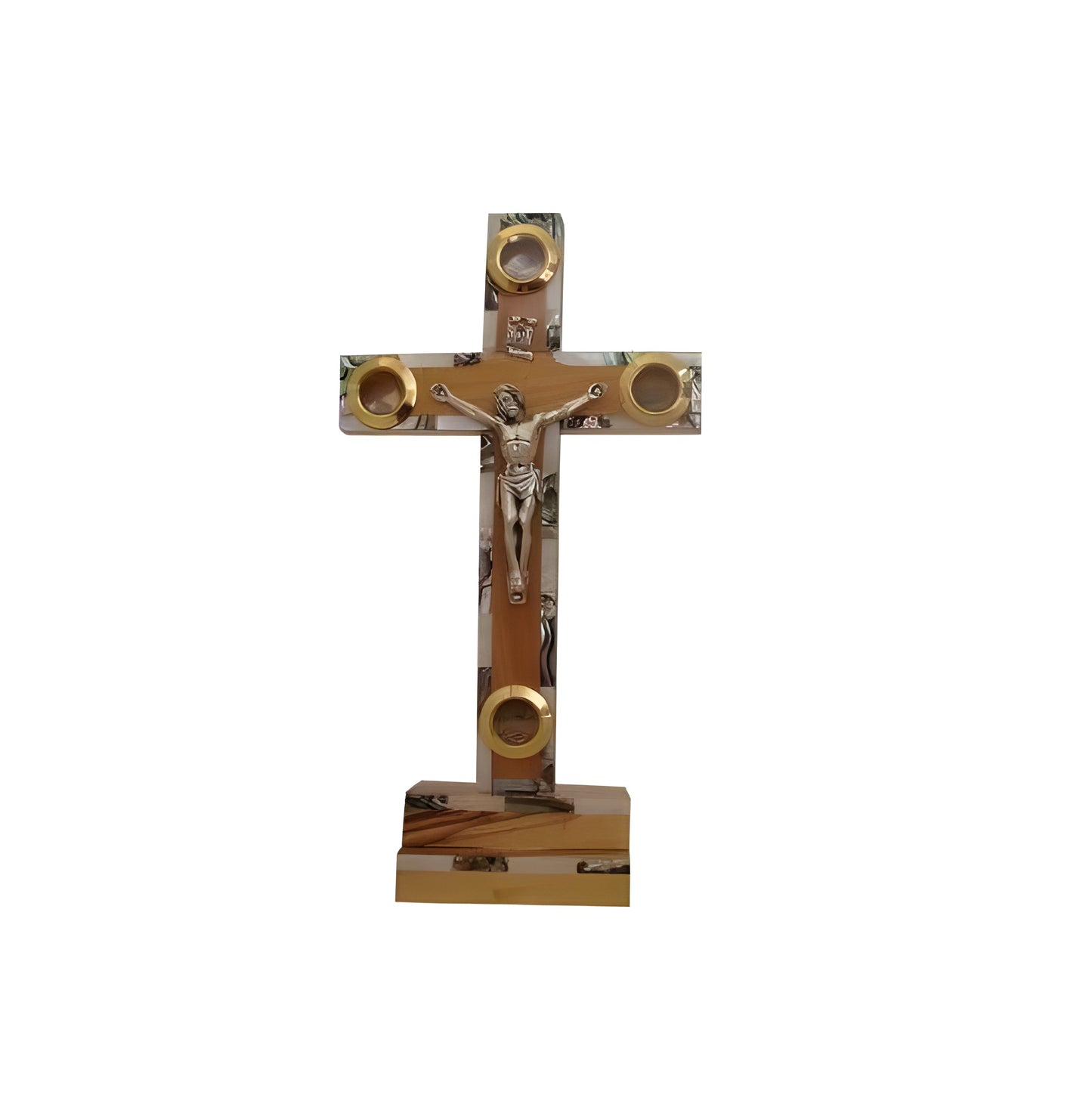 Crucifix Cross on Stand w/ 4 Holy Samples - Mother of Pearl & Olive Wood