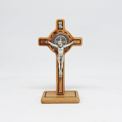 Crucifix Cross Jesus with St. Benedict - Olive Wood & Silver