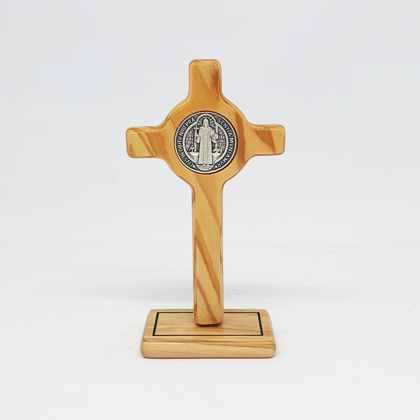 Crucifix Cross Jesus with St. Benedict - Olive Wood & Silver