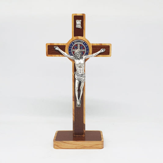 Crucifix Cross Jesus with St. Benedict - Olive Wood & Silver