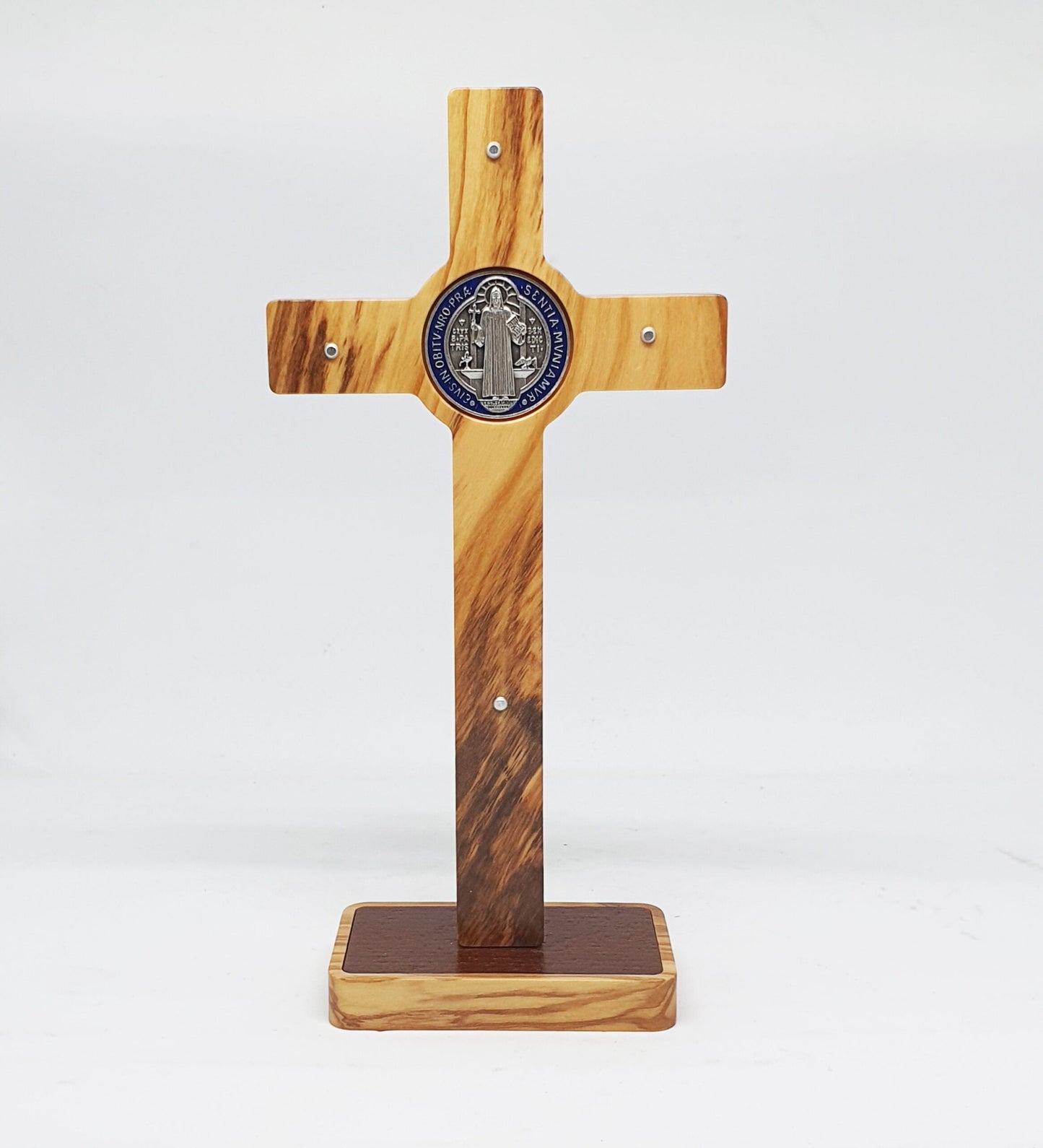 Crucifix Cross Jesus with St. Benedict - Olive Wood & Silver