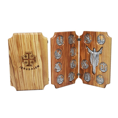 14 Stations of the Cross in Circles - Crucifix Jesus - Olive Wood Book