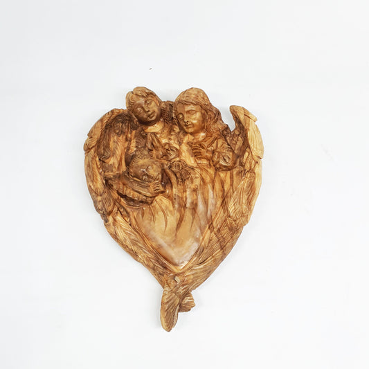 Baby Jesus with 2 Angels - Handmade Olive Wood in Heart shape