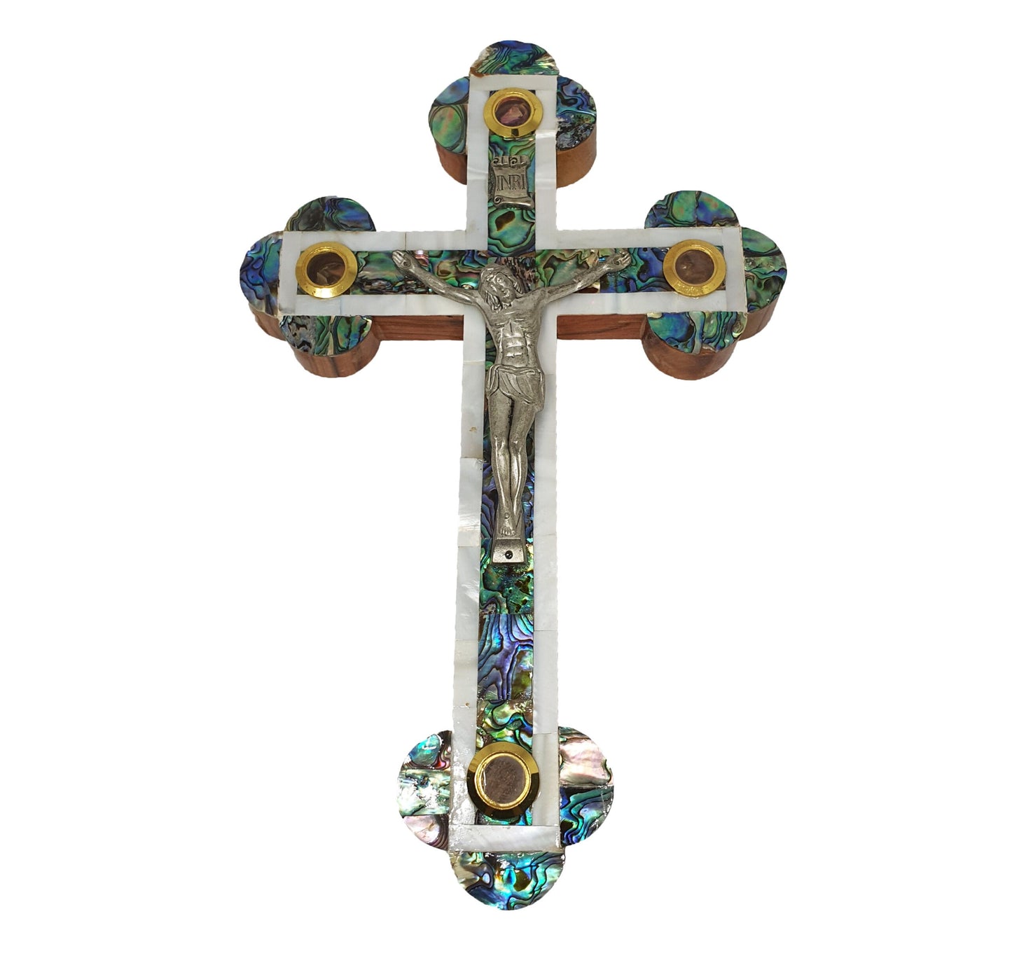 Budded Crucifix w/ 4 Holy Samples - Mother of Pearl & Olive Wood