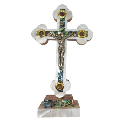 Budded Crucifix On Stand w/ 4 Holy Samples - Mother of Pearl & Olive Wood