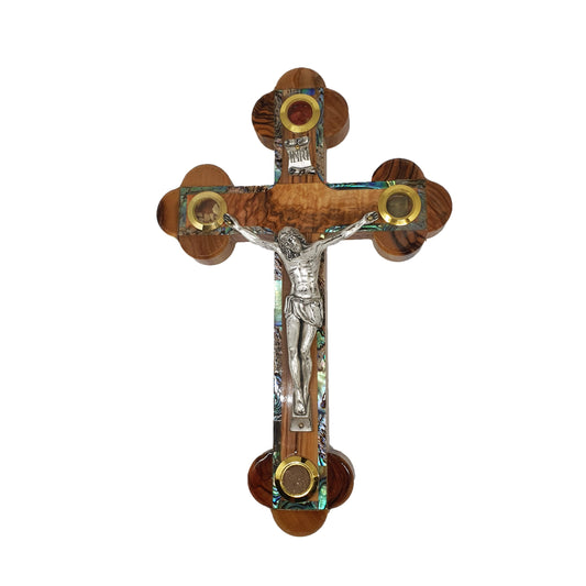 Budded Crucifix w/ 4 Holy Samples - Mother of Pearl & Olive Wood