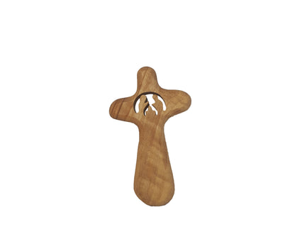 Comfort Cross - Holding Cross - The Holy Family Engraved - Olive Wood