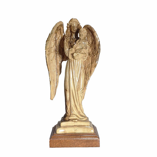 Guardian Angel with Baby Jesus - Handmade Olive Wood Statue