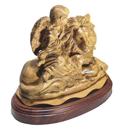 Lion And Lamb With Angel - Handmade Olive Wood