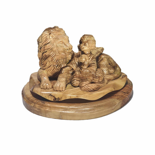 Angel with Lion And Lamb- Artist Handmade Olive Wood