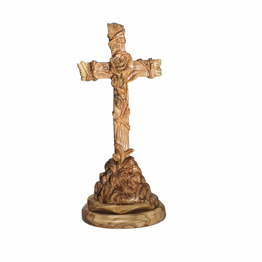 Cross on Mountain - Flower Engraved - Olive Wood