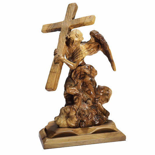 Guardian Angel w/ Cross - Handmade Olive Wood