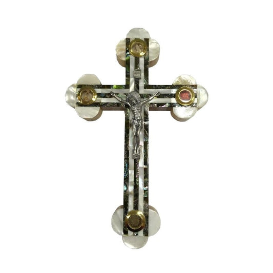 Budded Cross w/ 4 Holy Samples - Byzantine Cross - Mother Of Pearl & Olive Wood