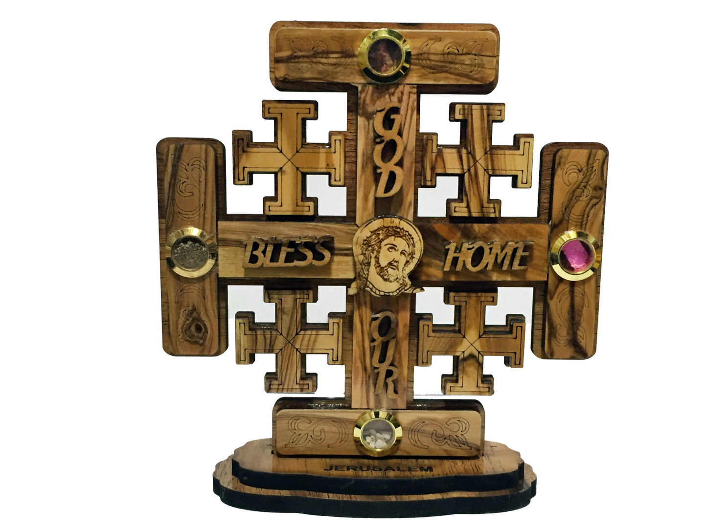 Jerusalem Cross w/ 4 Holy Samples - God Bless Our Home - Olive Wood