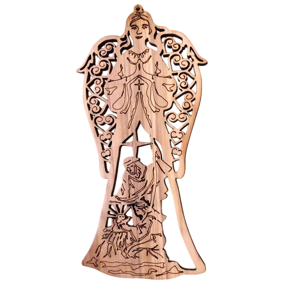 Christmas Ornament - Angel of Glory & Nativity Scene - Genuine Olive Wood