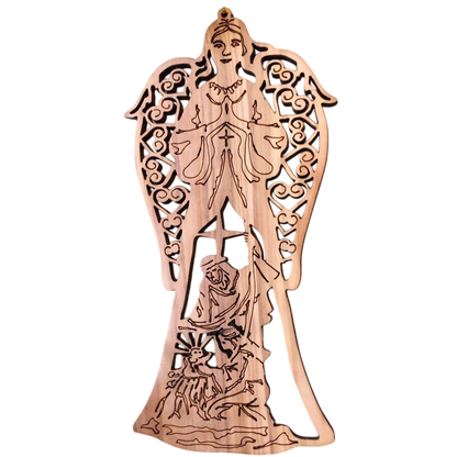 Christmas Ornament - Angel of Glory & Nativity Scene - Genuine Olive Wood