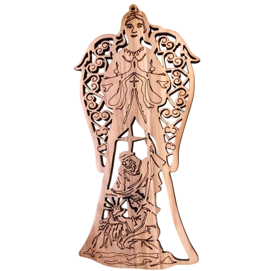 Christmas Ornament - Angel of Glory & Nativity Scene - Genuine Olive Wood