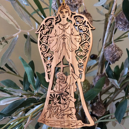 Christmas Ornament - Angel of Glory & Nativity Scene - Genuine Olive Wood