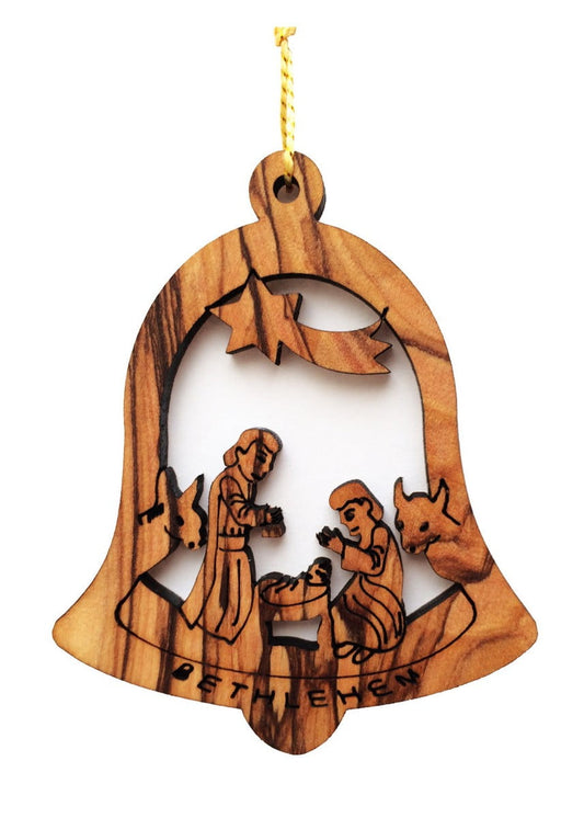 Christmas Ornament - Holy Family In A Bell - Olive Wood Laser