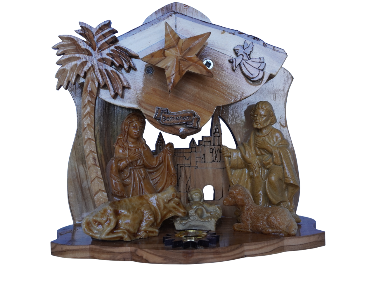 Musical Nativity Cave Set Genuine Olive Wood