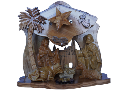 Musical Nativity Cave Set Genuine Olive Wood