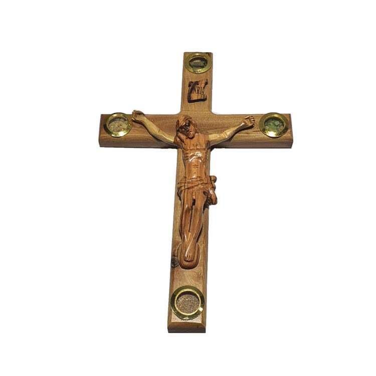 Crucifix Cross w/ 4 Holy Samples - 4 Sizes Available - Olive Wood