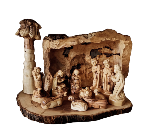 Nativity Set Special With 3D Palm Tree - Genuine Olive Wood