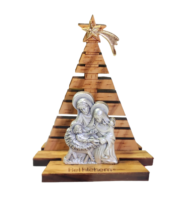 Nativity Set in a Tree - Olive Wood & Silver Figures