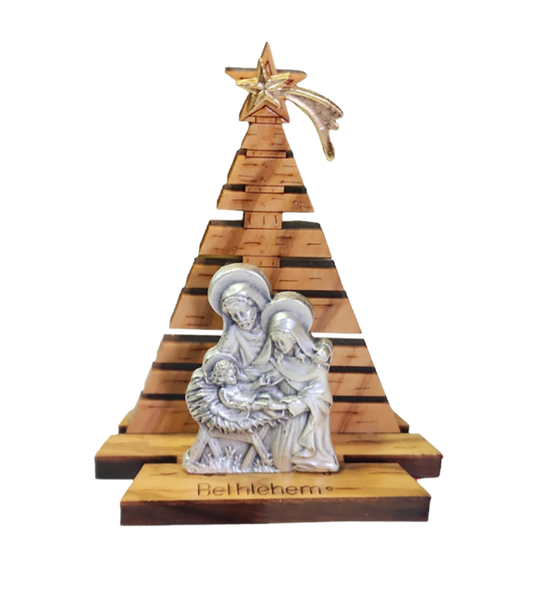 Nativity Set in a Tree - Olive Wood & Silver Figures