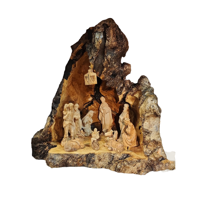 Nativity Cave Set With Lamp - Genuine Olive Wood