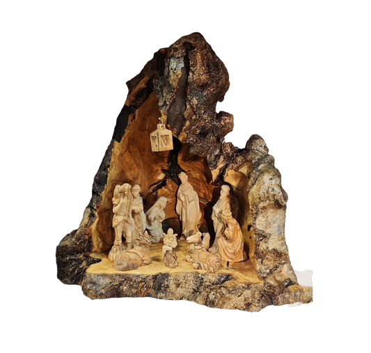 Nativity Cave Set With Lamp - Genuine Olive Wood