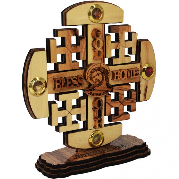 Jerusalem Cross w/ God Bless Our Home - Olive Wood From the Holy Land