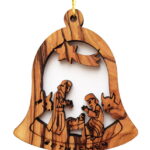 Christmas Ornament - Holy Family In A Bell - Olive Wood Laser